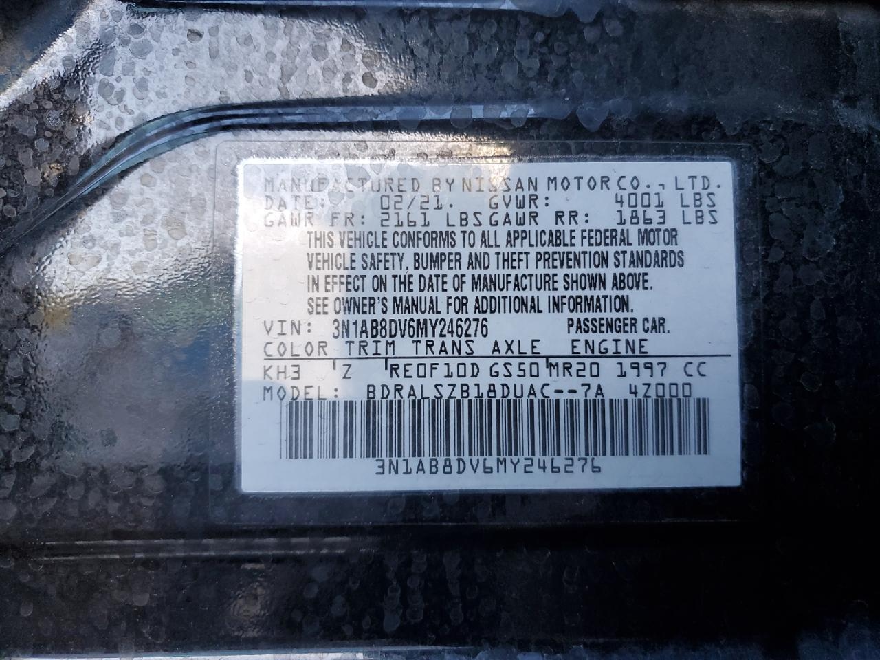 2021 Nissan Sentra Sr VIN: 3N1AB8DV6MY246276 Lot: 85711665