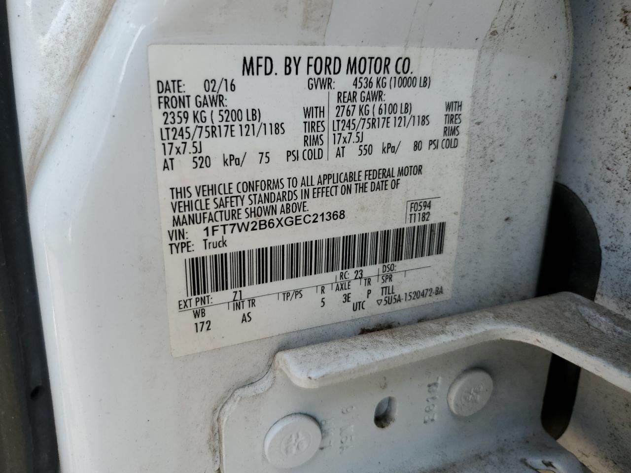 2016 Ford F250 Super Duty VIN: 1FT7W2B6XGEC21368 Lot: 85116125