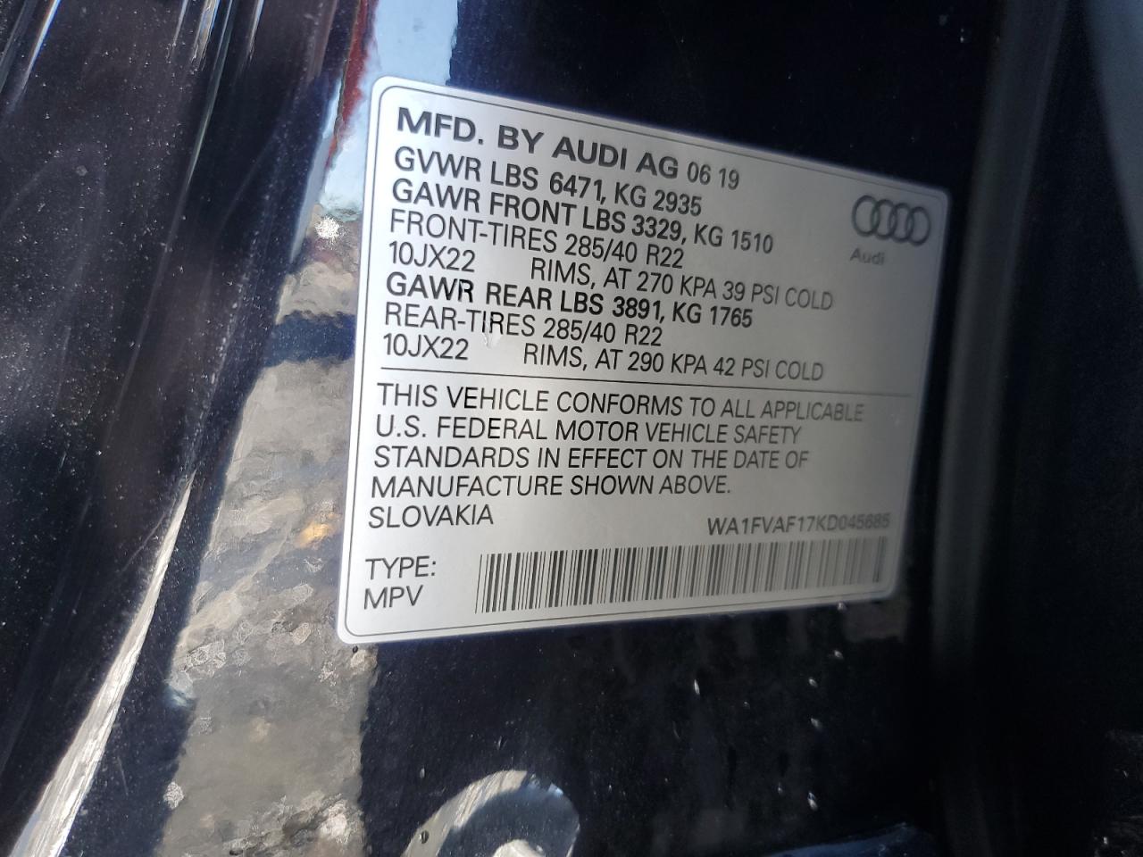 2019 Audi Q8 Prestige S-Line VIN: WA1FVAF17KD045685 Lot: 90220415