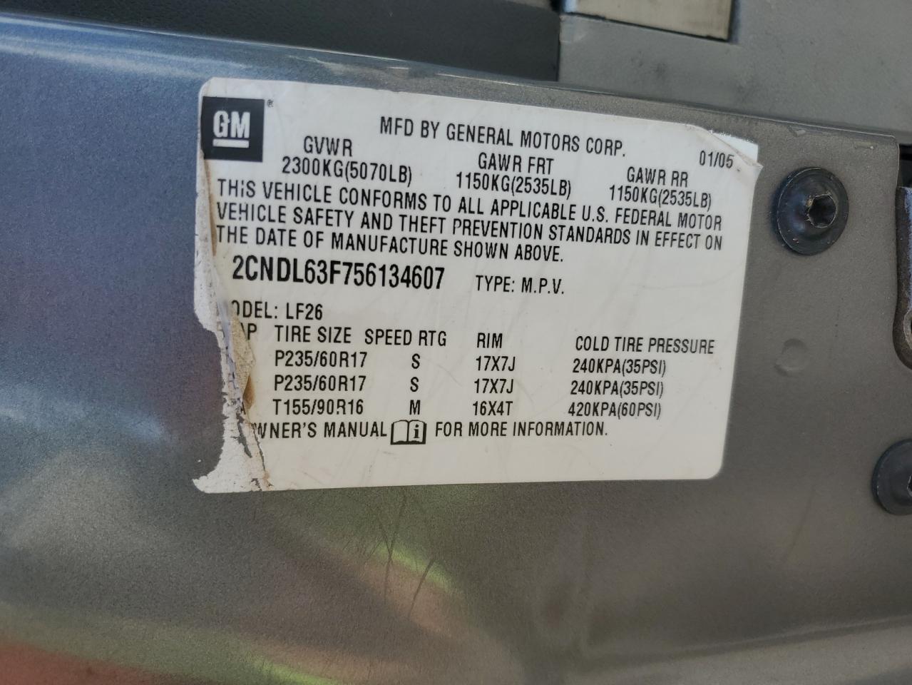 2005 Chevrolet Equinox Lt VIN: 2CNDL63F756134607 Lot: 86117495