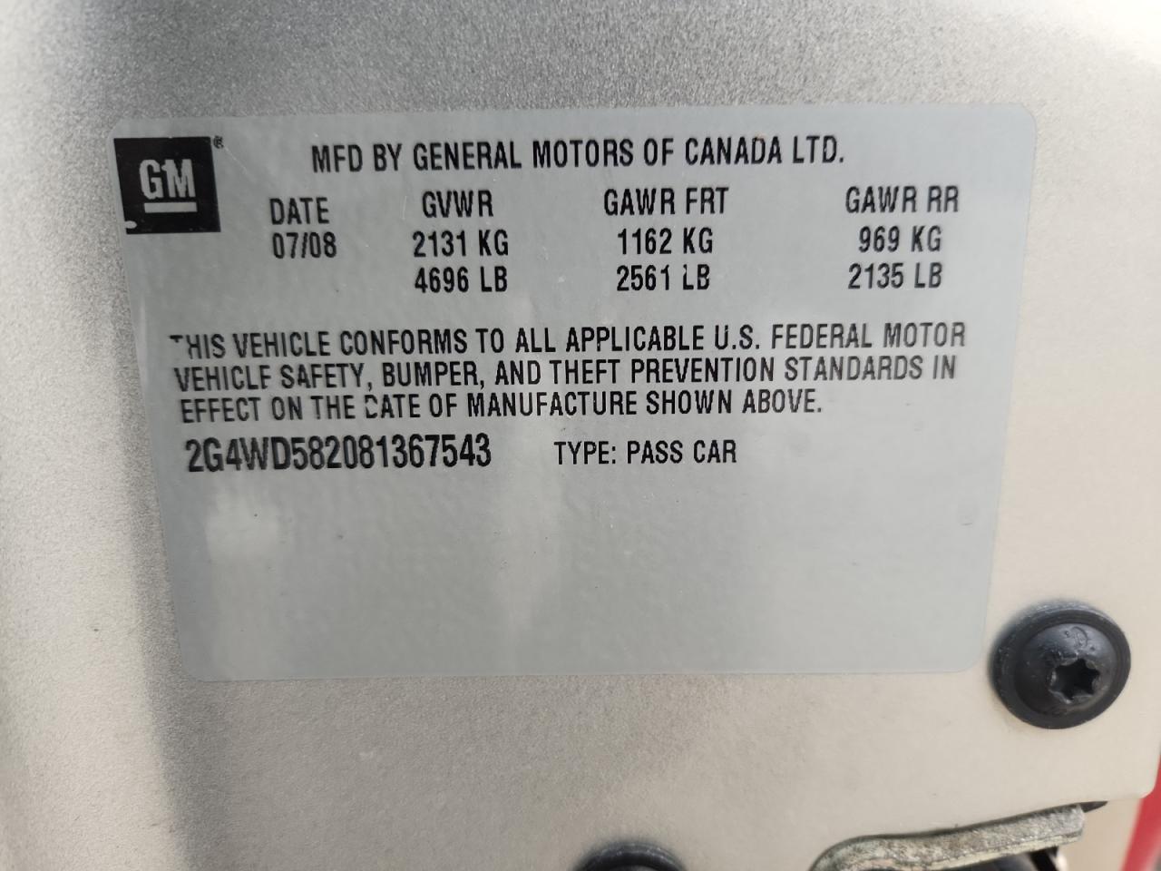 2008 Buick Lacrosse Cxl VIN: 2G4WD582081367543 Lot: 82600865