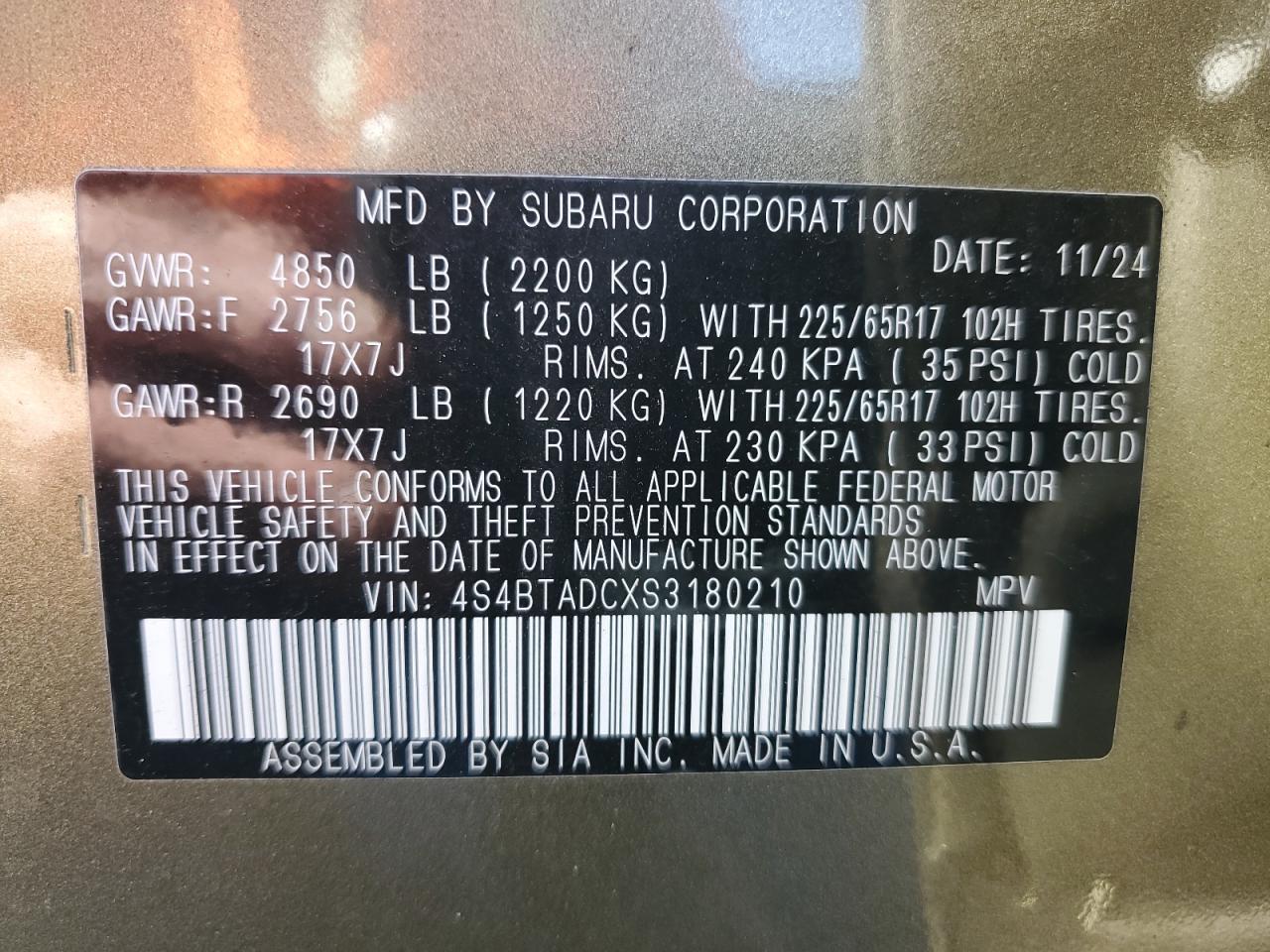 2025 Subaru Outback Premium VIN: 4S4BTADCXS3180210 Lot: 84639345