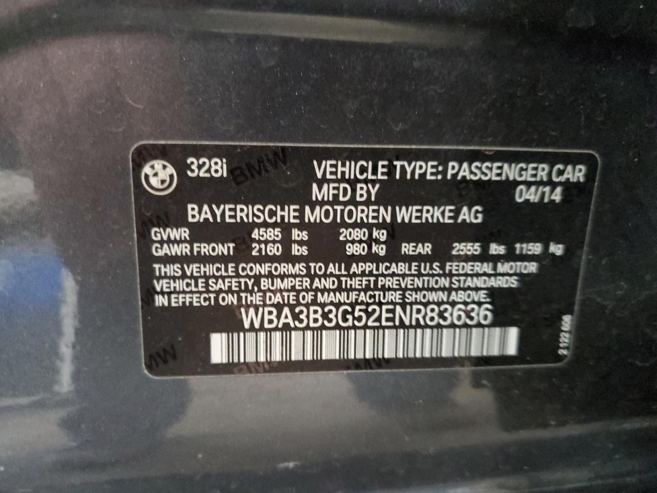 2014 BMW 328 Xi VIN: WBA3B3G52ENR83636 Lot: 85943805