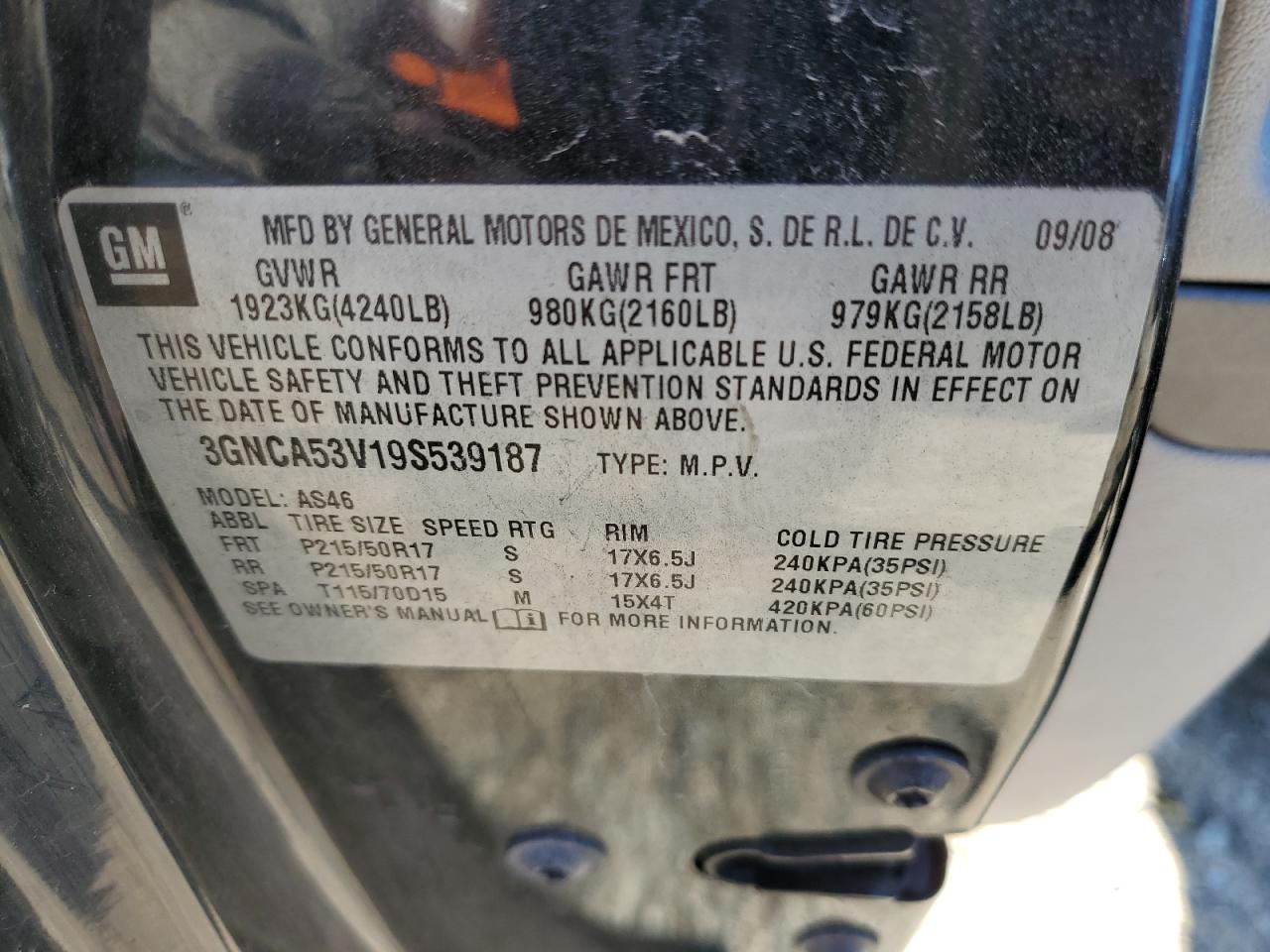 2009 Chevrolet Hhr Lt VIN: 3GNCA53V19S539187 Lot: 87007485