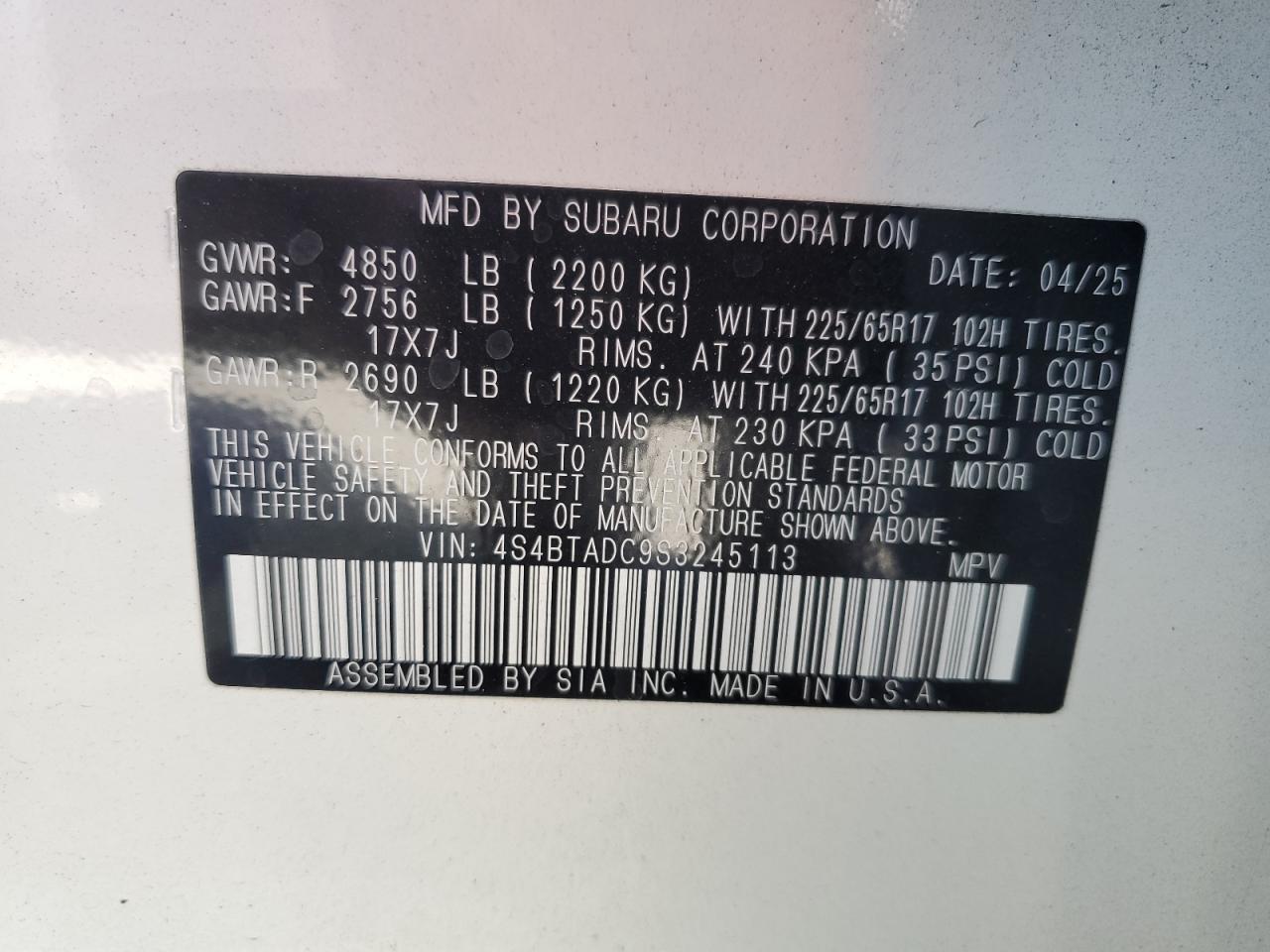 2025 Subaru Outback Premium VIN: 4S4BTADC9S3245113 Lot: 84987335