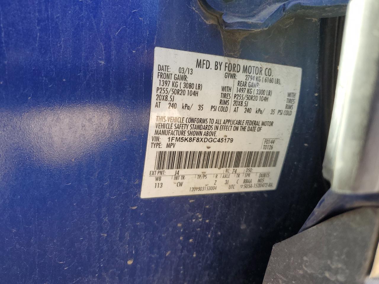 2013 Ford Explorer Limited VIN: 1FM5K8F8XDGC45179 Lot: 85159955