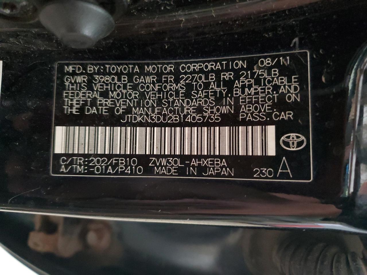 2011 Toyota Prius VIN: JTDKN3DU2B1405735 Lot: 85729945