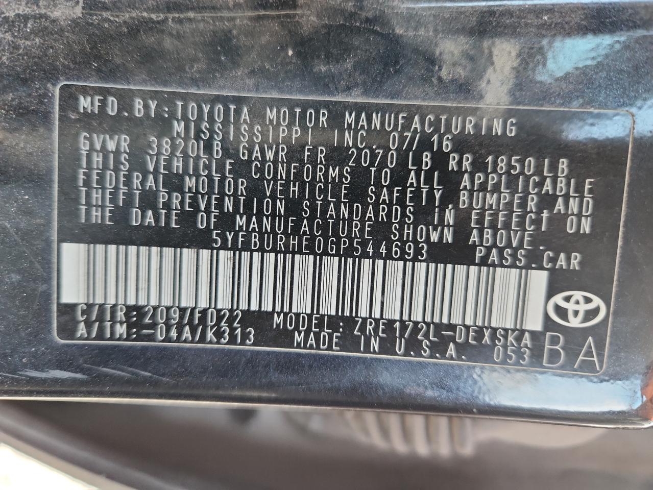 2016 Toyota Corolla L VIN: 5YFBURHE0GP544693 Lot: 84927775