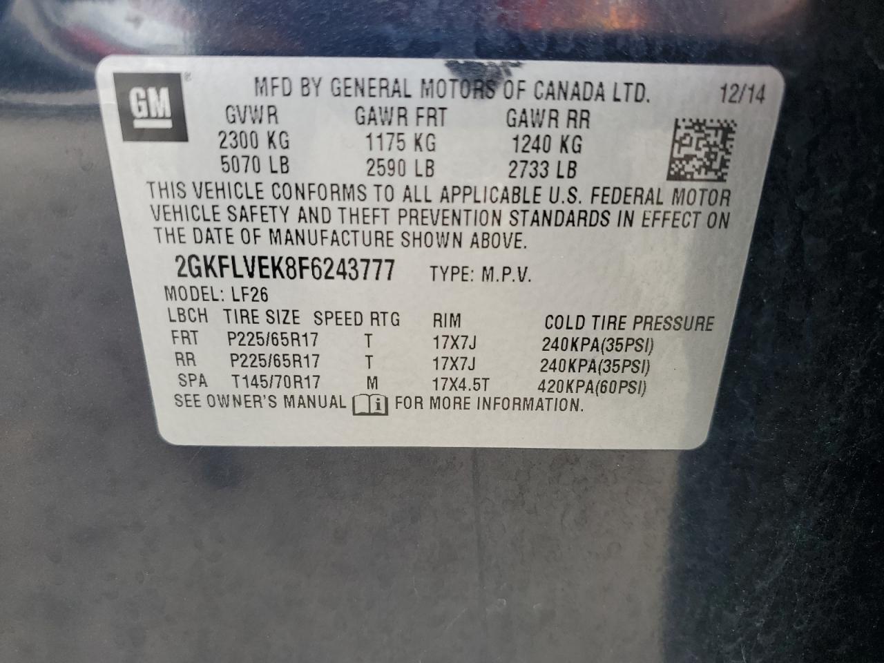 2015 GMC Terrain Sle VIN: 2GKFLVEK8F6243777 Lot: 85473905