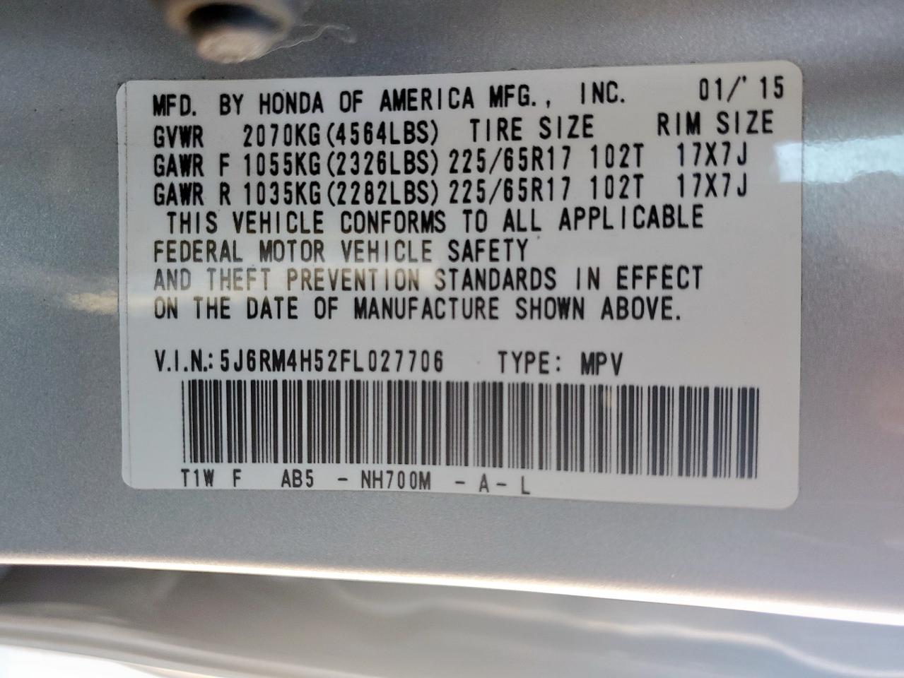 2015 Honda Cr-V VIN: 5J6RM4H52FL027706 Lot: 82672595