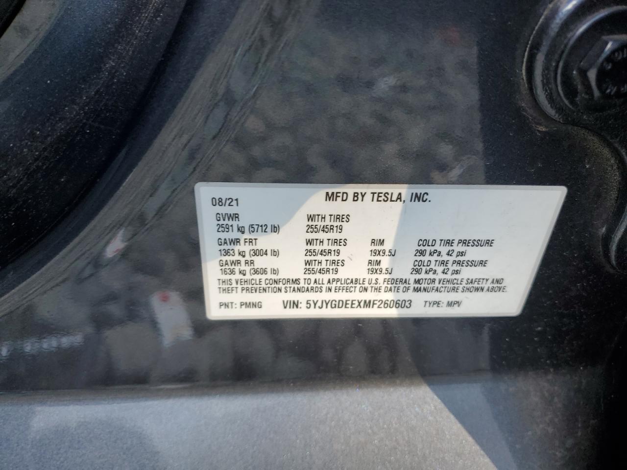 2021 Tesla Model Y VIN: 5YJYGDEEXMF260603 Lot: 87036425