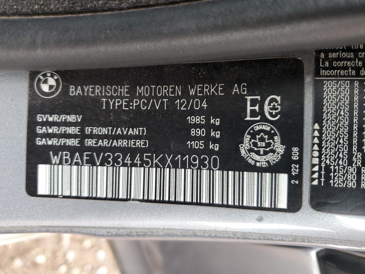 2005 BMW 325 I VIN: WBAEV33445KX11930 Lot: 87472605