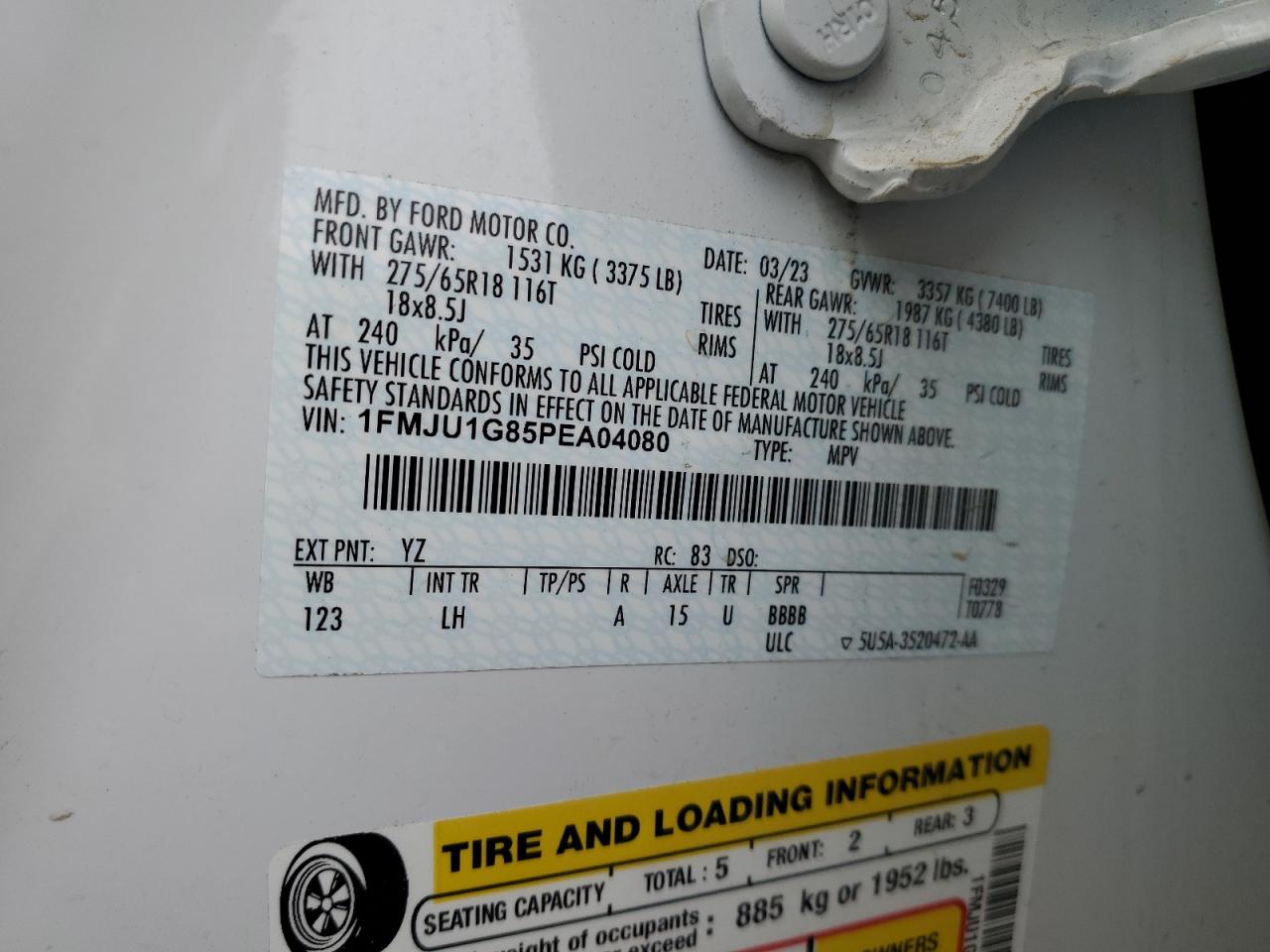 2023 Ford Expedition Xl VIN: 1FMJU1G85PEA04080 Lot: 85292545