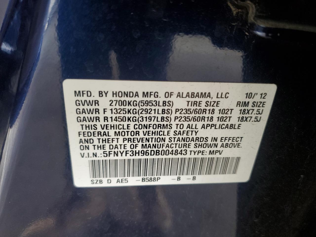 2013 Honda Pilot Touring VIN: 5FNYF3H96DB004843 Lot: 81998965