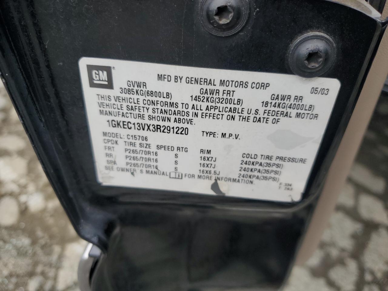 2003 GMC Yukon VIN: 1GKEC13VX3R291220 Lot: 81951545