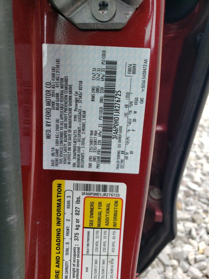 2018 Ford Fusion Se VIN: 3FA6P0HD1JR276725 Lot: 82484235