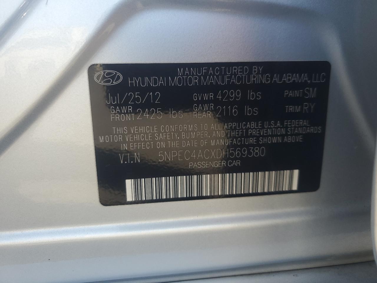 2013 Hyundai Sonata Se VIN: 5NPEC4ACXDH569380 Lot: 82423585