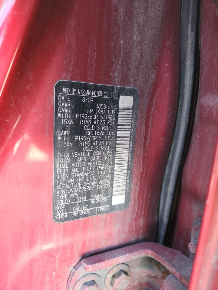 2009 Nissan Cube Base VIN: JN8AZ28R89T126907 Lot: 90593205