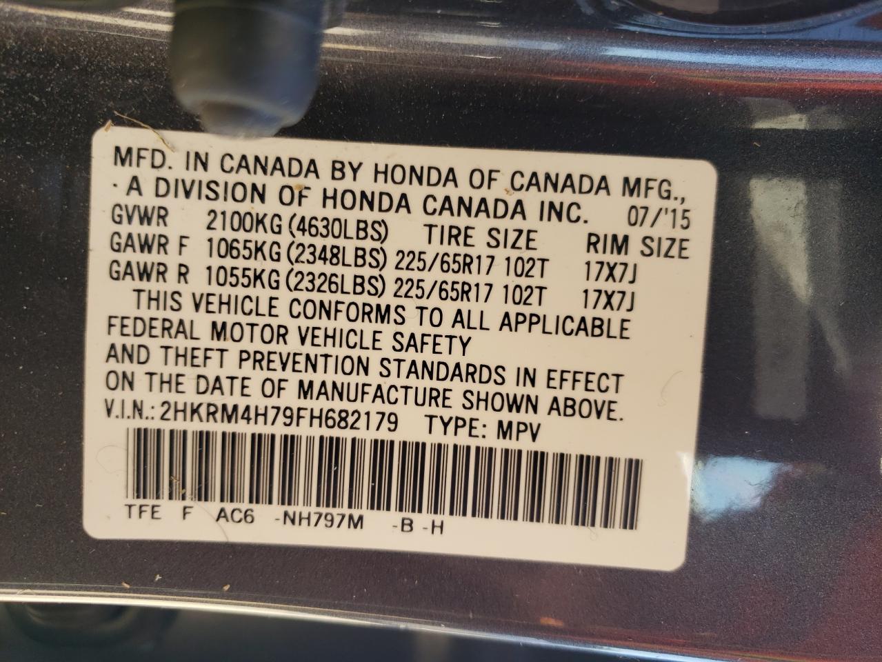 2015 Honda Cr-V Exl VIN: 2HKRM4H79FH682179 Lot: 84582545