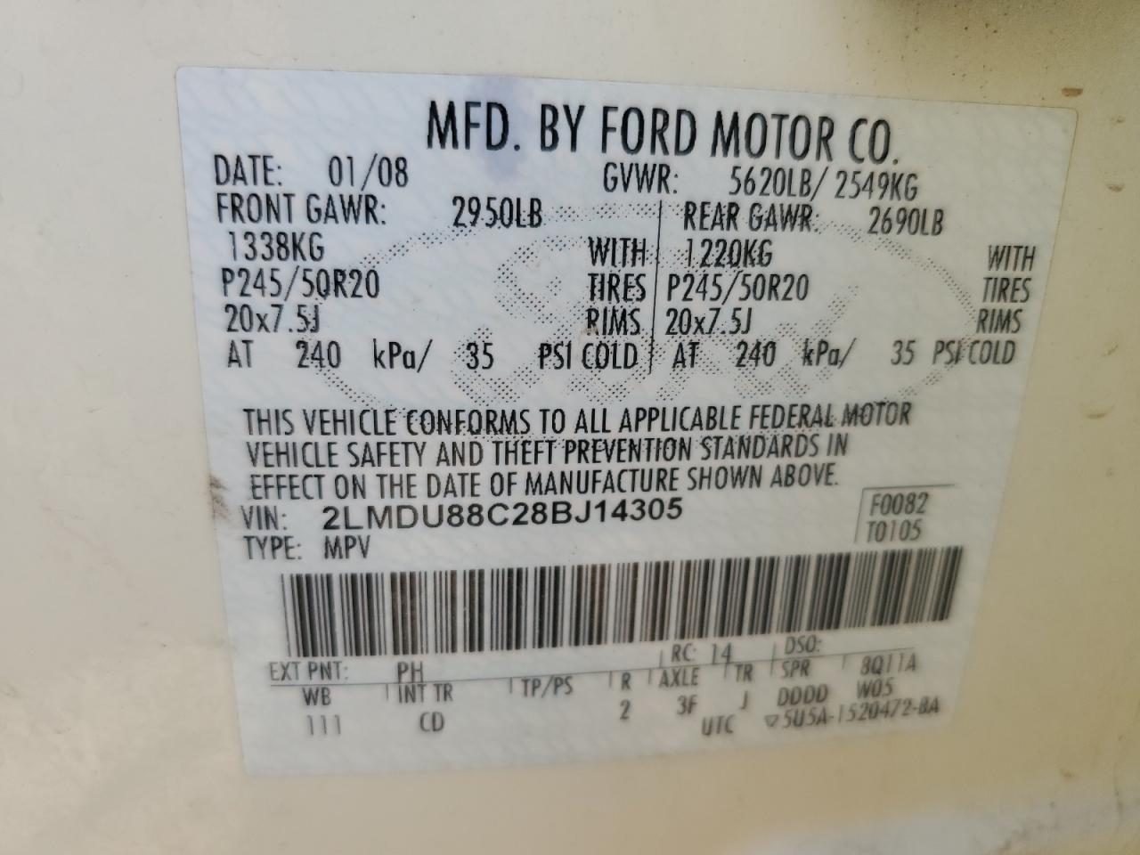 2008 Lincoln Mkx VIN: 2LMDU88C28BJ14305 Lot: 82108105