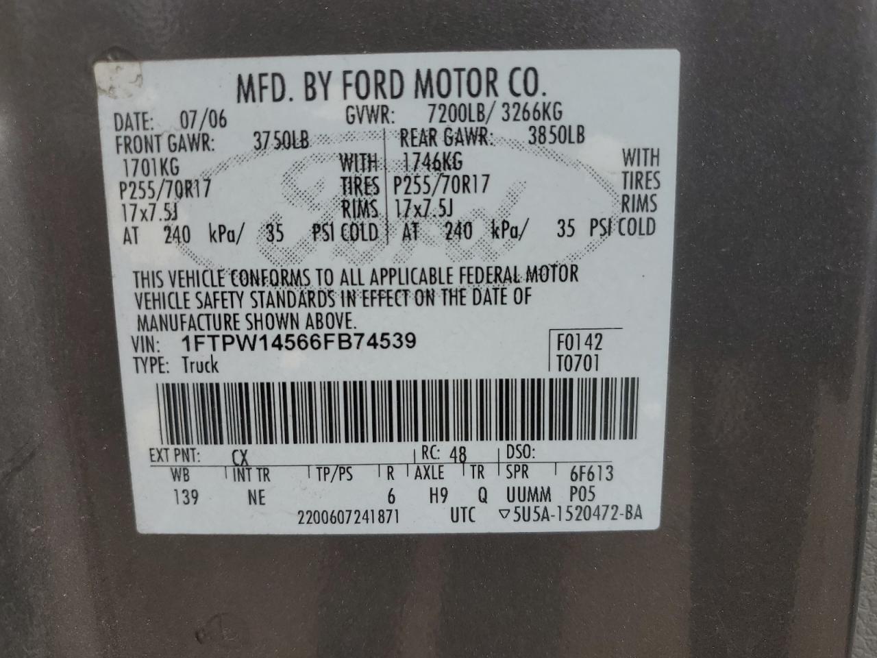 2006 Ford F150 Supercrew VIN: 1FTPW14566FB74539 Lot: 84786435