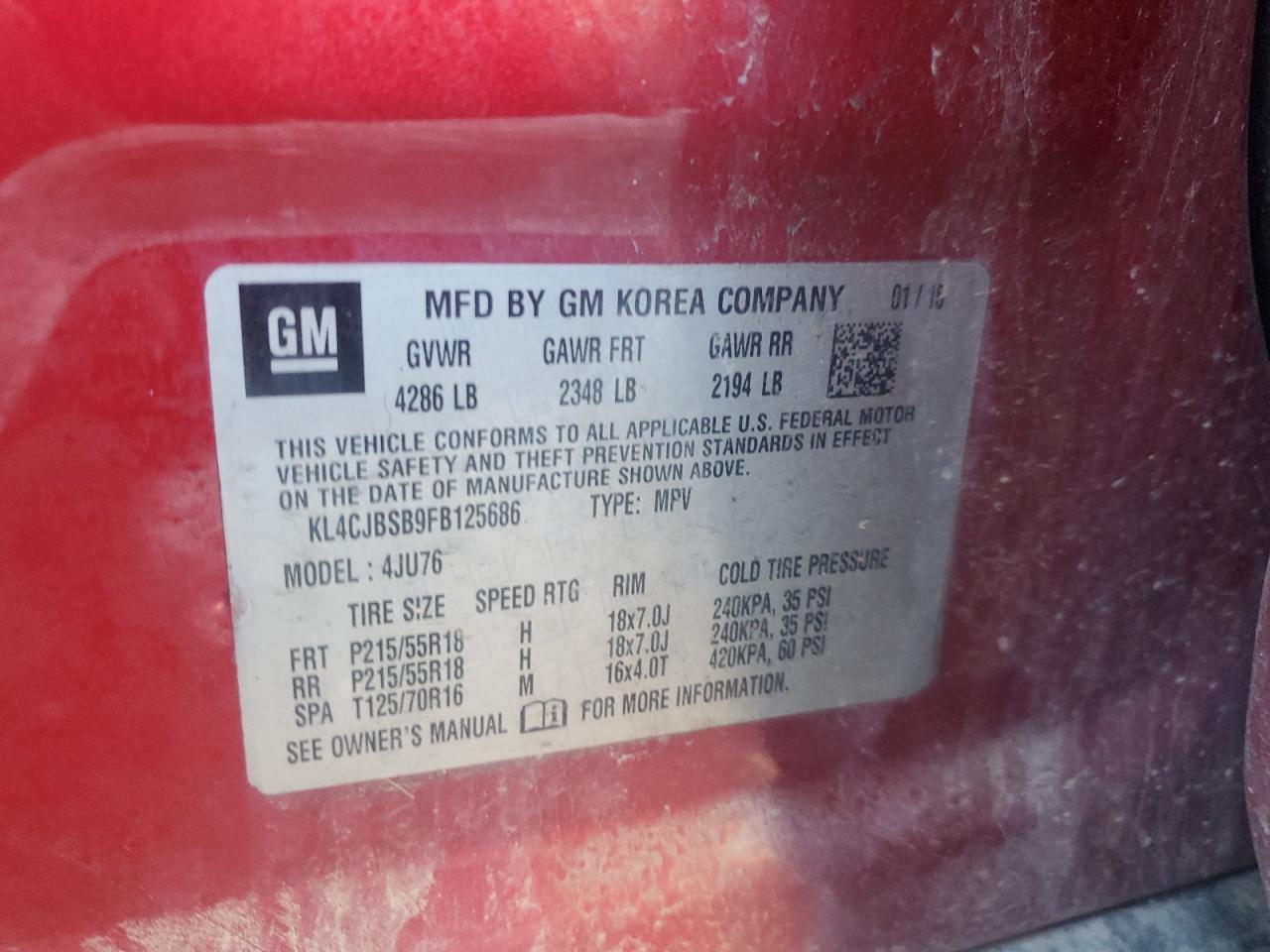 2015 Buick Encore Convenience VIN: KL4CJBSB9FB125686 Lot: 81069245