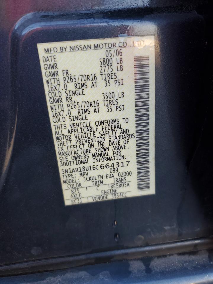 2006 Nissan Pathfinder Le VIN: 5N1AR18U16C664317 Lot: 84992345