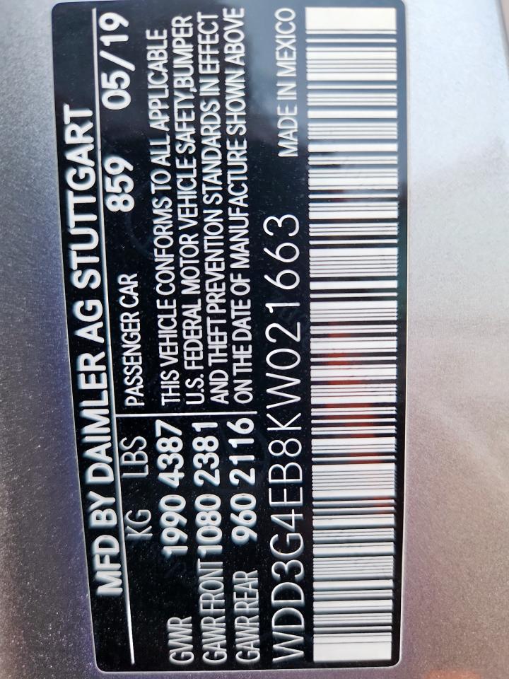 2019 Mercedes-Benz A 220 VIN: WDD3G4EB8KW021663 Lot: 84835695