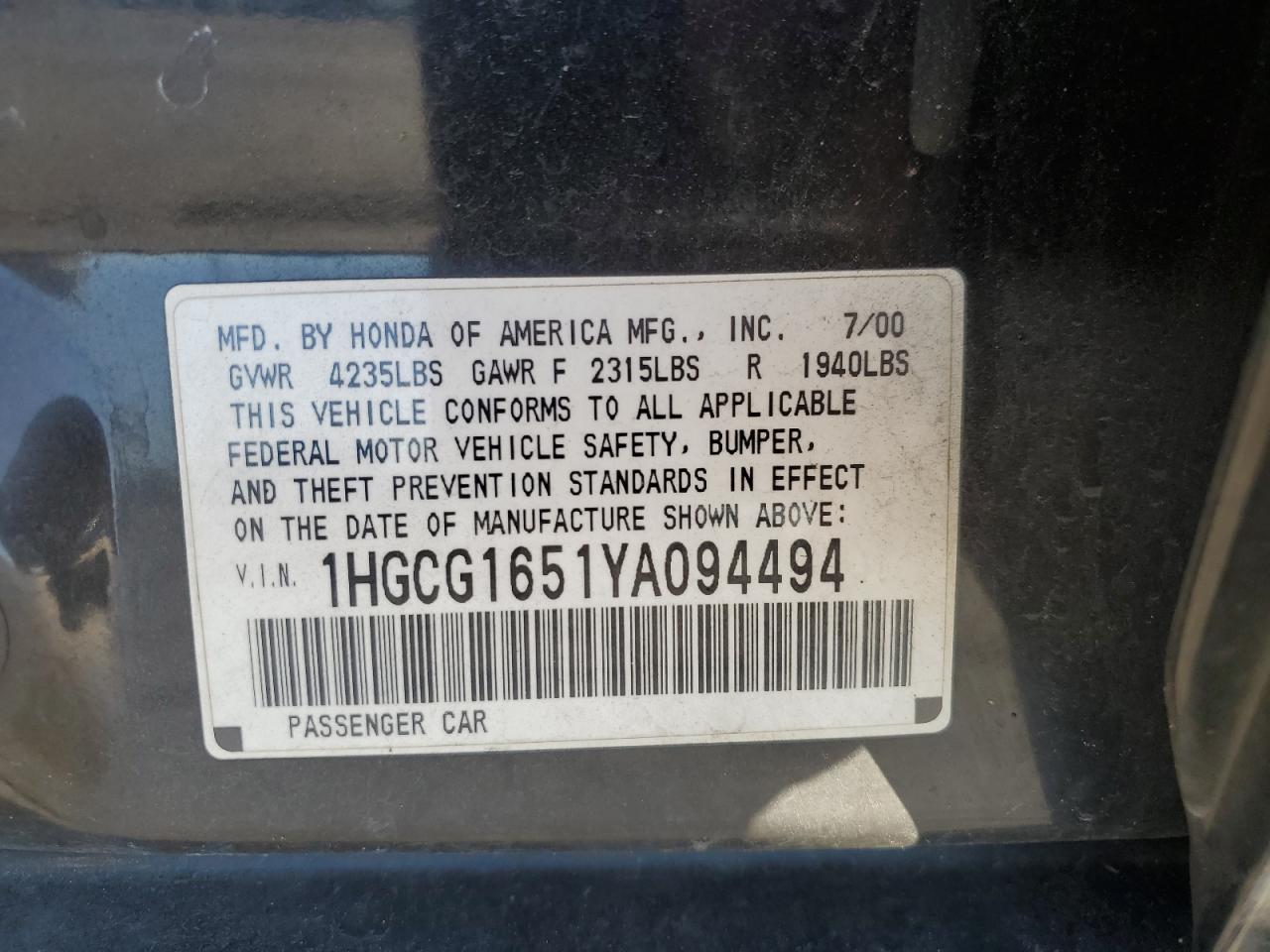 2000 Honda Accord Ex VIN: 1HGCG1651YA094494 Lot: 86269555