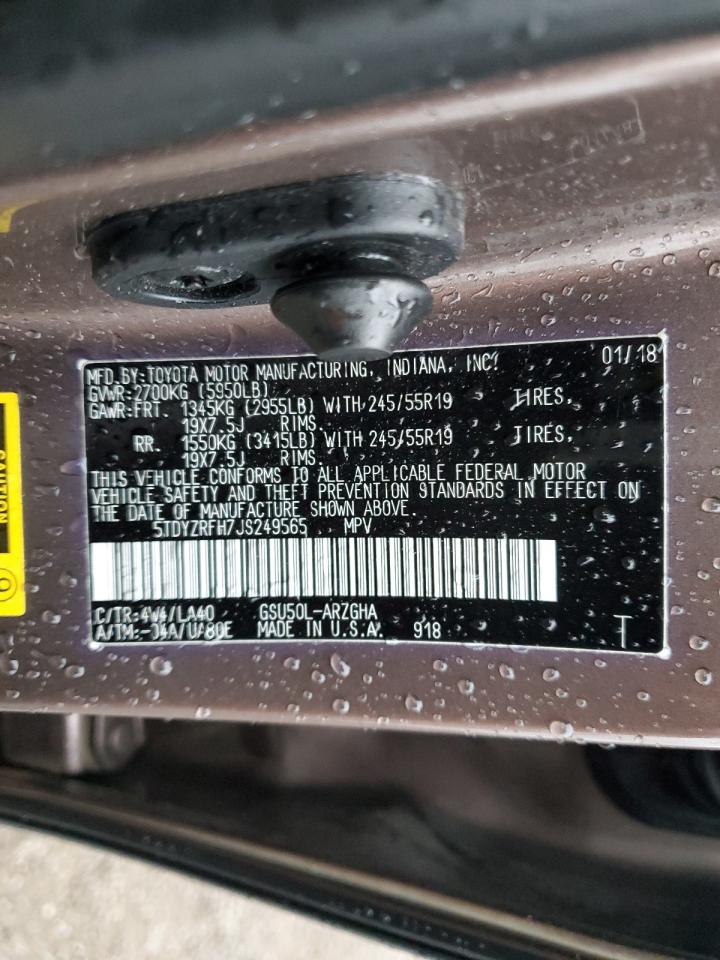 2018 Toyota Highlander Limited VIN: 5TDYZRFH7JS249565 Lot: 89820915