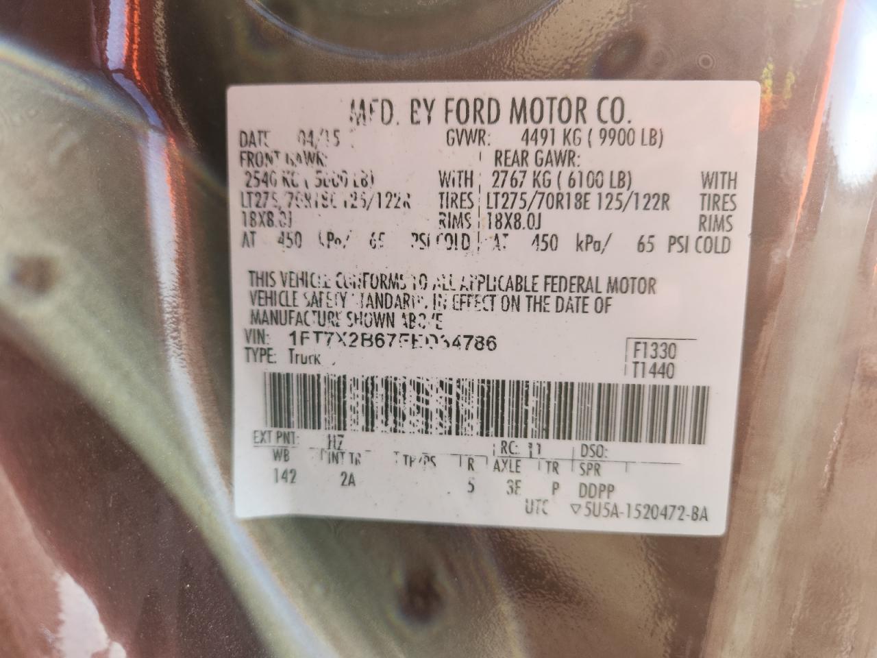 2015 Ford F250 Super Duty VIN: 1FT7X2B67FED34786 Lot: 85175995