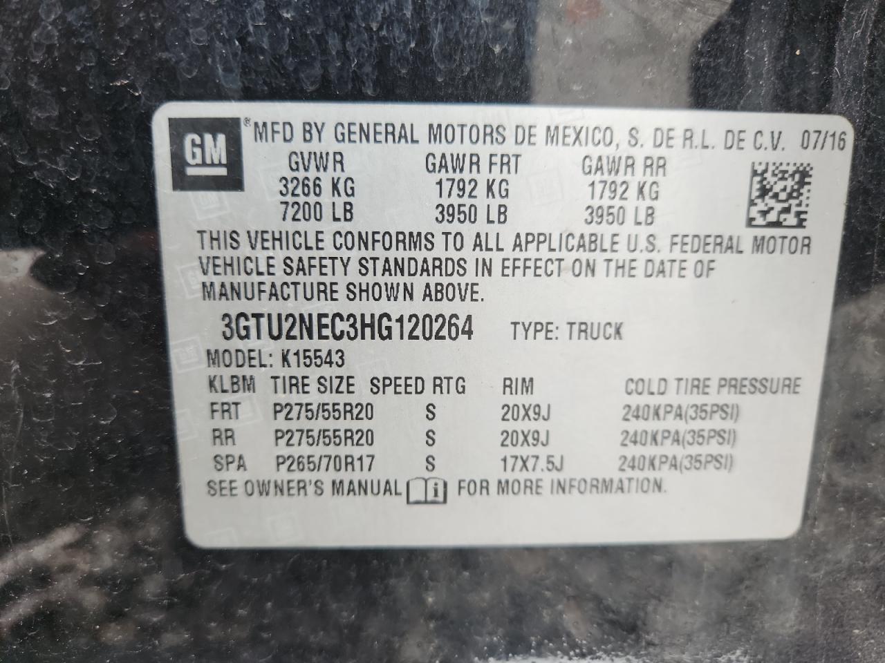 2017 GMC Sierra K1500 Slt VIN: 3GTU2NEC3HG120264 Lot: 84584015