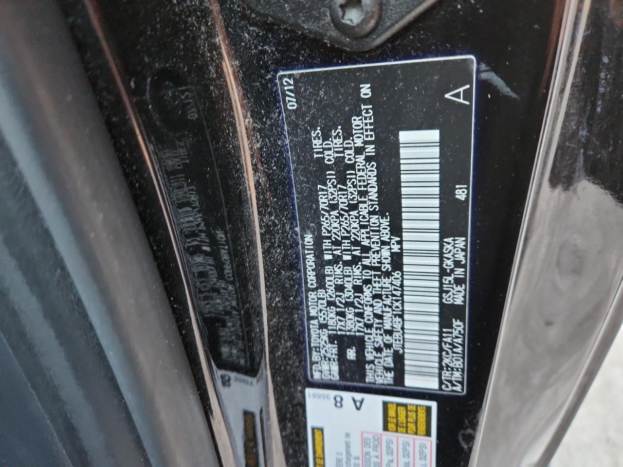 2012 Toyota Fj Cruiser VIN: JTEBU4BF1CK147406 Lot: 89870875