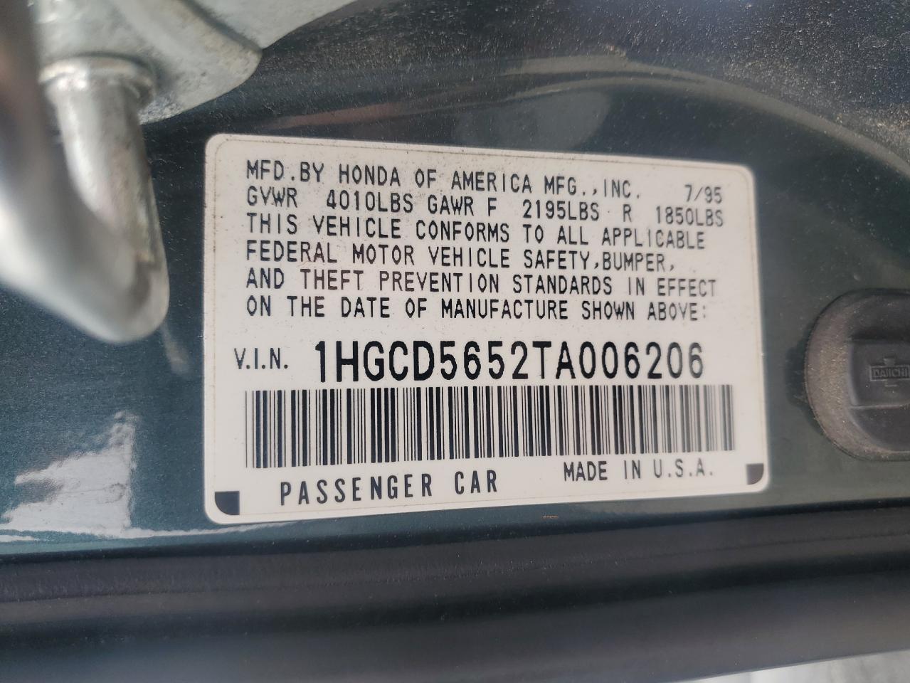 1996 Honda Accord Ex VIN: 1HGCD5652TA006206 Lot: 82778535