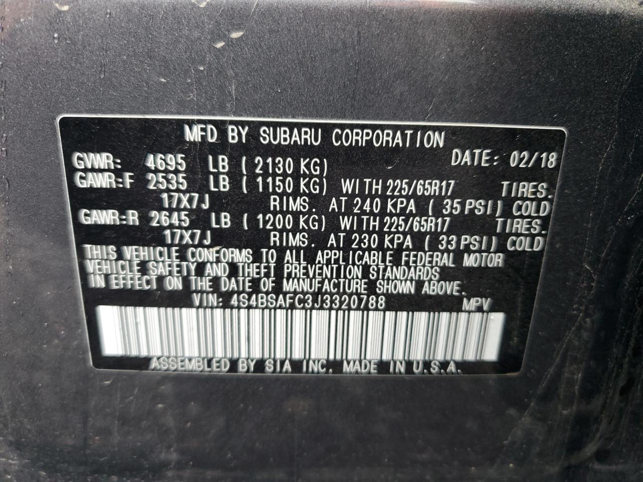 2018 Subaru Outback 2.5I Premium VIN: 4S4BSAFC3J3320788 Lot: 84471945