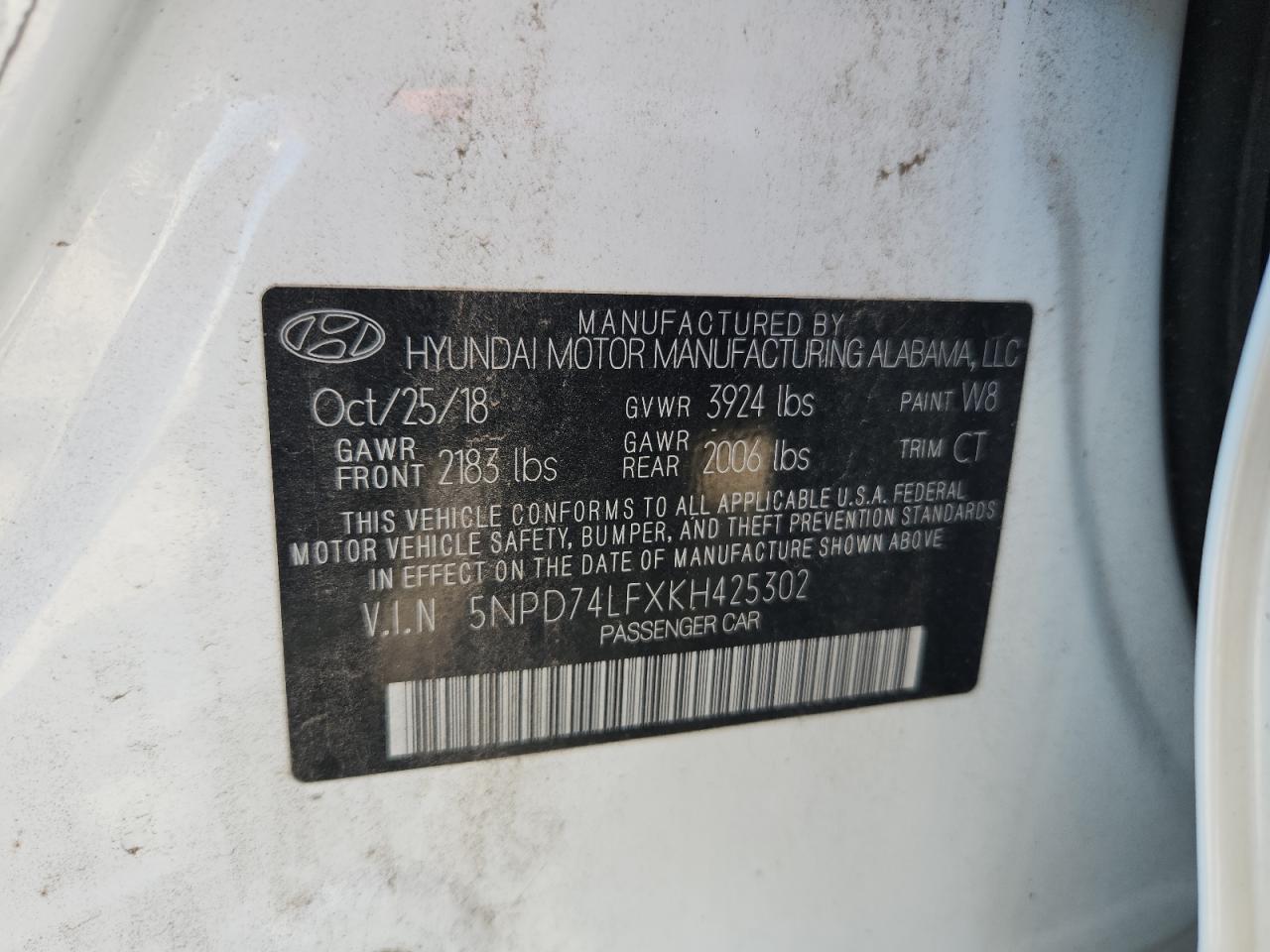 2019 Hyundai Elantra Se VIN: 5NPD74LFXKH425302 Lot: 81952175