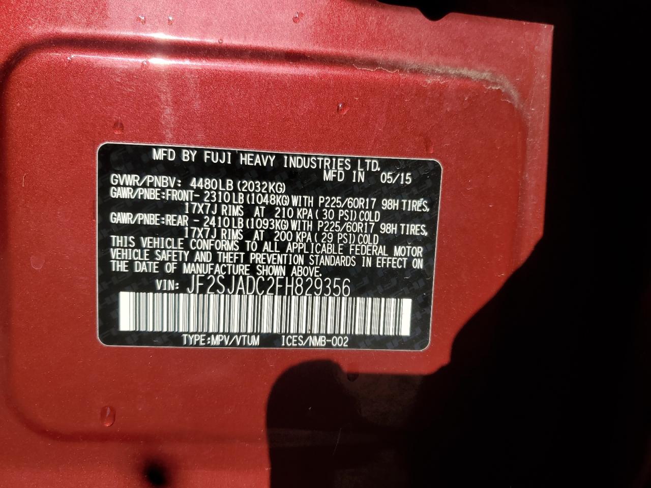 2015 Subaru Forester 2.5I Premium VIN: JF2SJADC2FH829356 Lot: 86669835