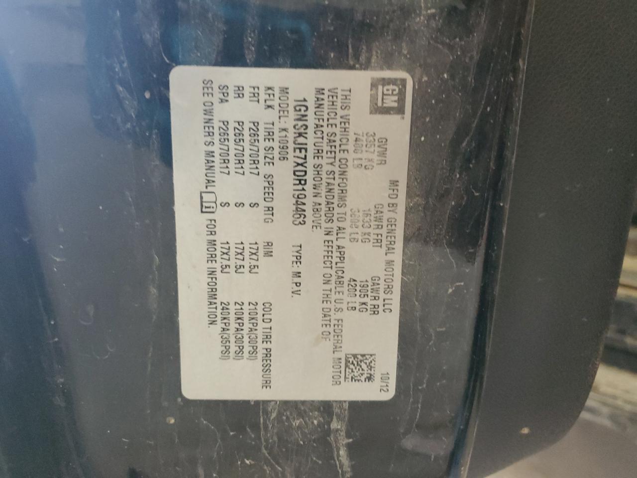 2013 Chevrolet Suburban K1500 Lt VIN: 1GNSKJE7XDR194463 Lot: 81807405