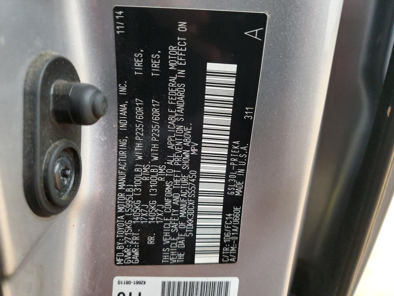 2015 Toyota Sienna Le VIN: 5TDKK3DCXFS557450 Lot: 85326855