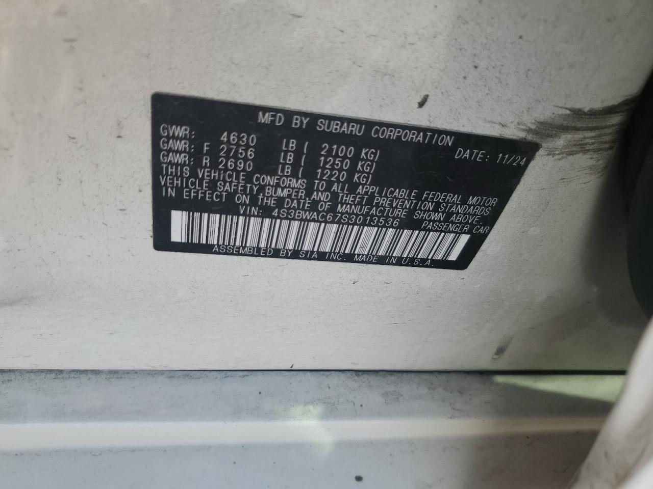 2025 Subaru Legacy Premium VIN: 4S3BWAC67S3013536 Lot: 89503415