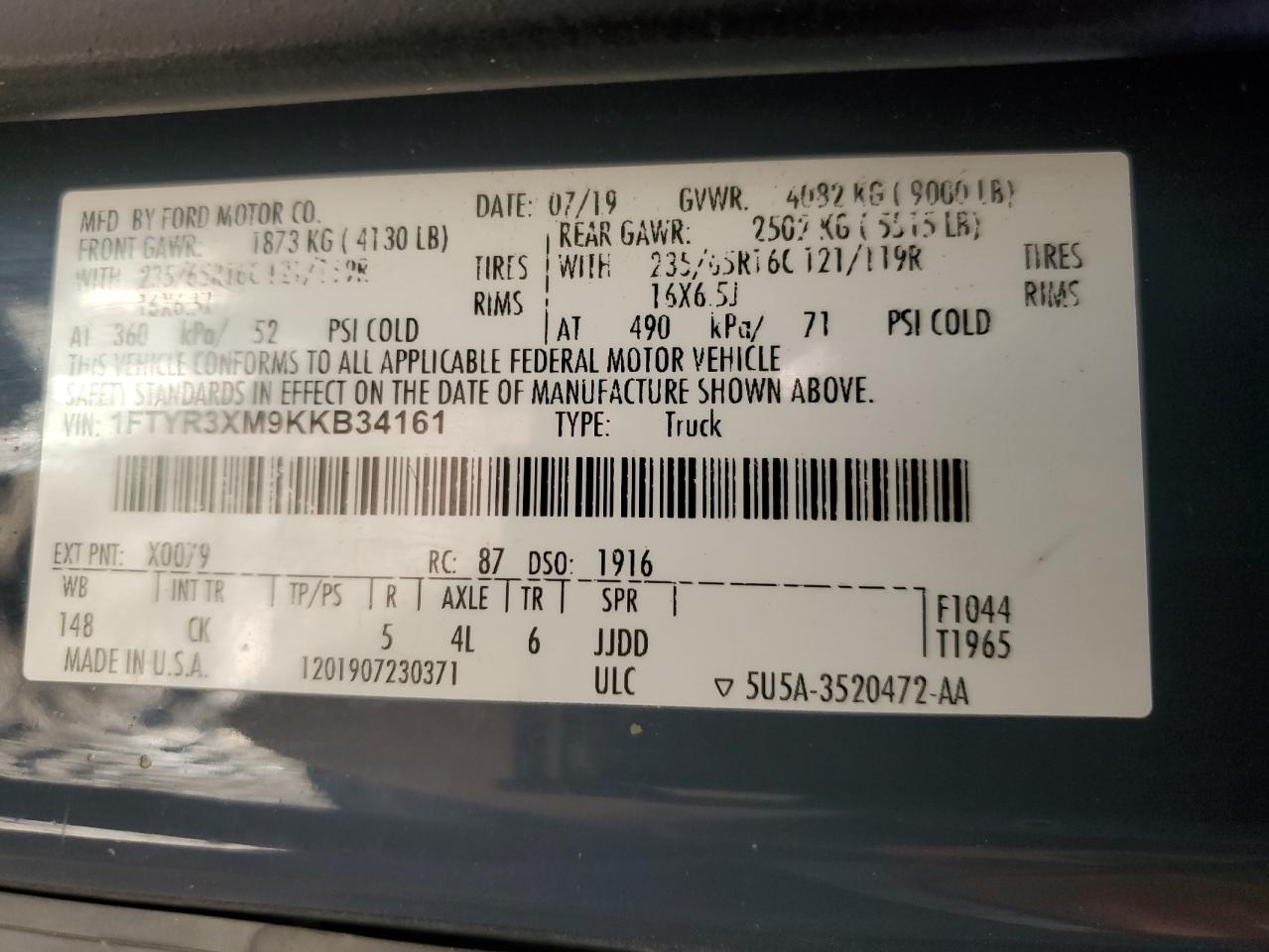 2019 Ford Transit T-250 VIN: 1FTYR3XM9KKB34161 Lot: 86670675