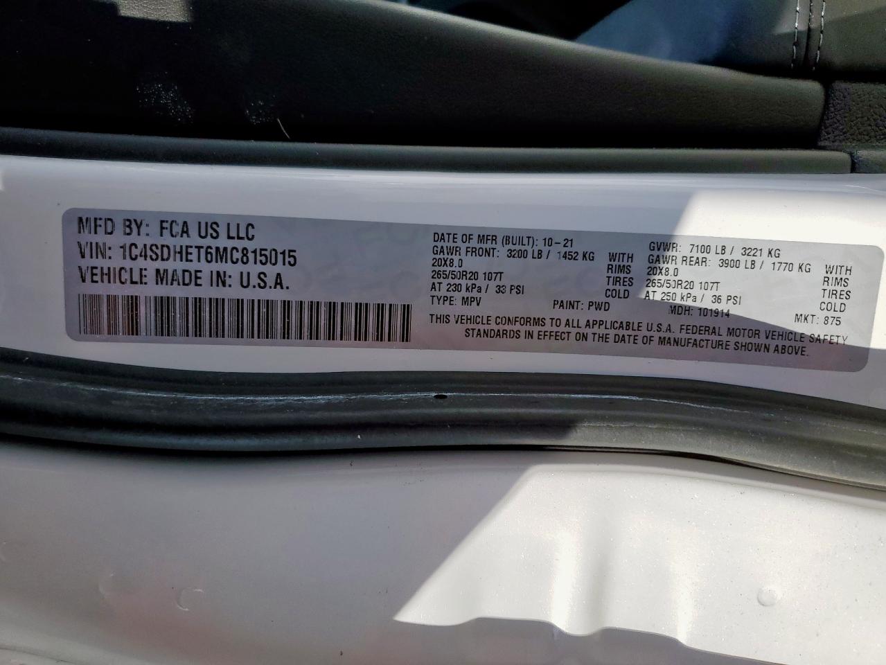 2021 Dodge Durango Citadel VIN: 1C4SDHET6MC815015 Lot: 85001145
