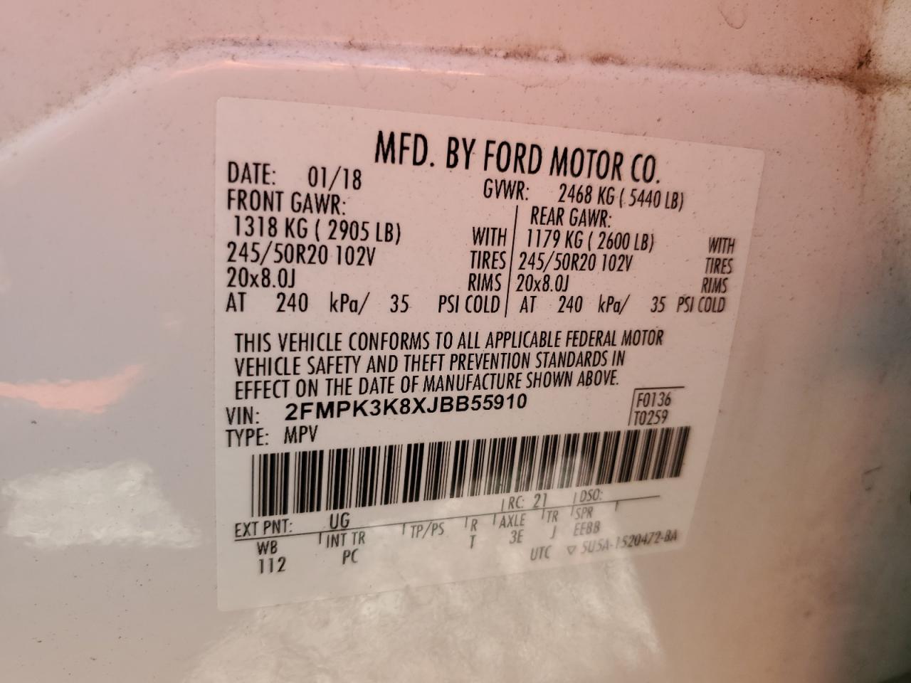 2018 Ford Edge Titanium VIN: 2FMPK3K8XJBB55910 Lot: 87112195