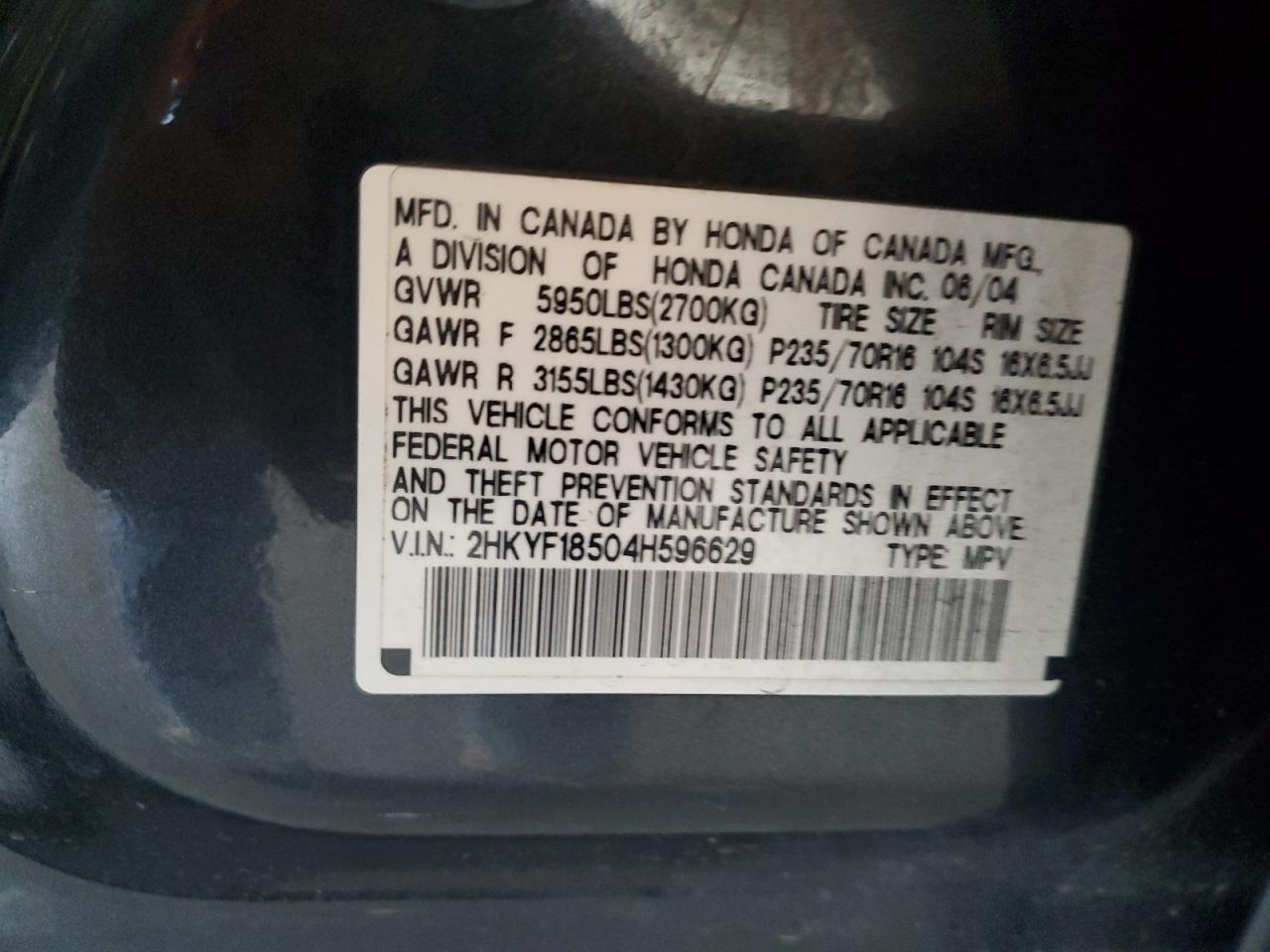 2004 Honda Pilot Exl VIN: 2HKYF18504H596629 Lot: 86279895