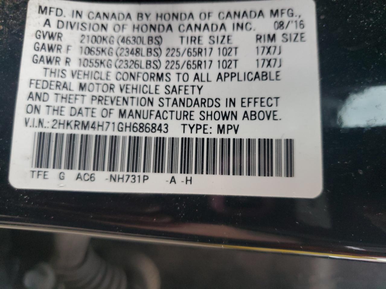 2016 Honda Cr-V Exl VIN: 2HKRM4H71GH686843 Lot: 85667615