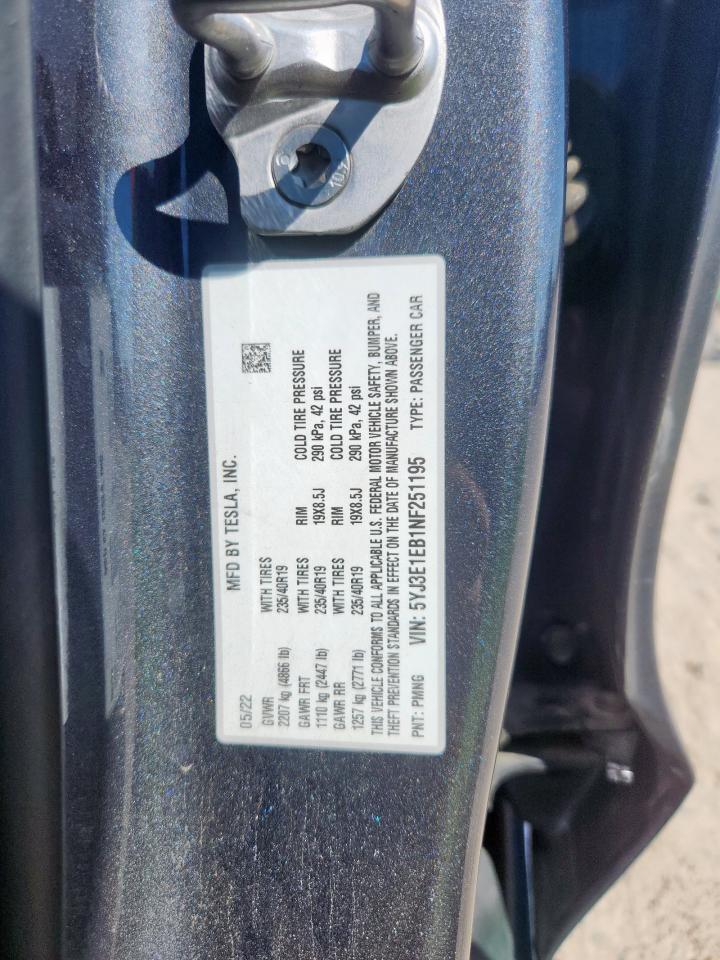 2022 Tesla Model 3 VIN: 5YJ3E1EB1NF251195 Lot: 86134865