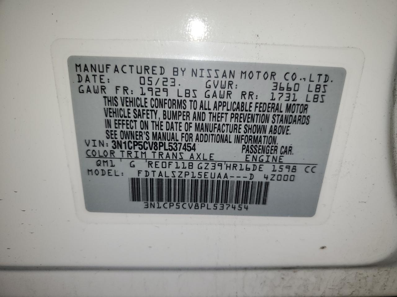 2023 Nissan Kicks Sv VIN: 3N1CP5CV8PL537454 Lot: 91234545