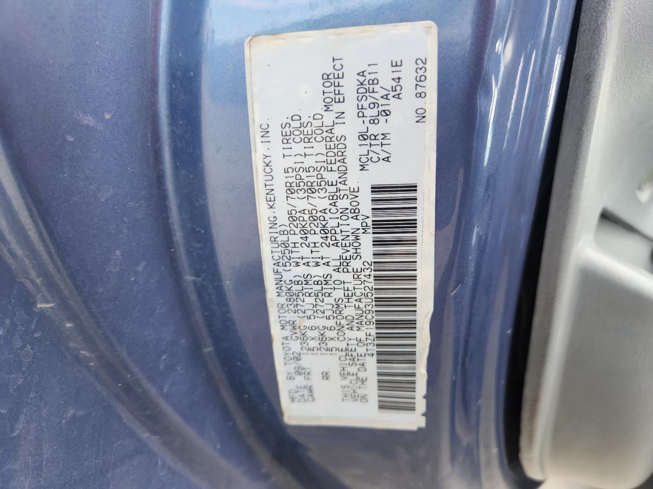 2003 Toyota Sienna Ce VIN: 4T3ZF19C93U527432 Lot: 84942245