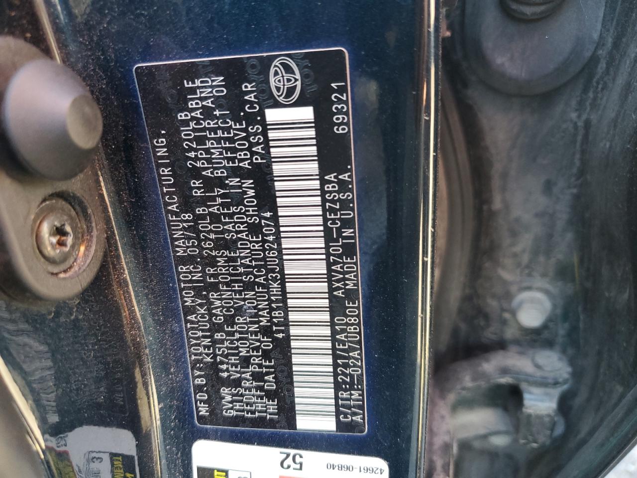 2018 Toyota Camry L VIN: 4T1B11HK3JU624074 Lot: 86155445