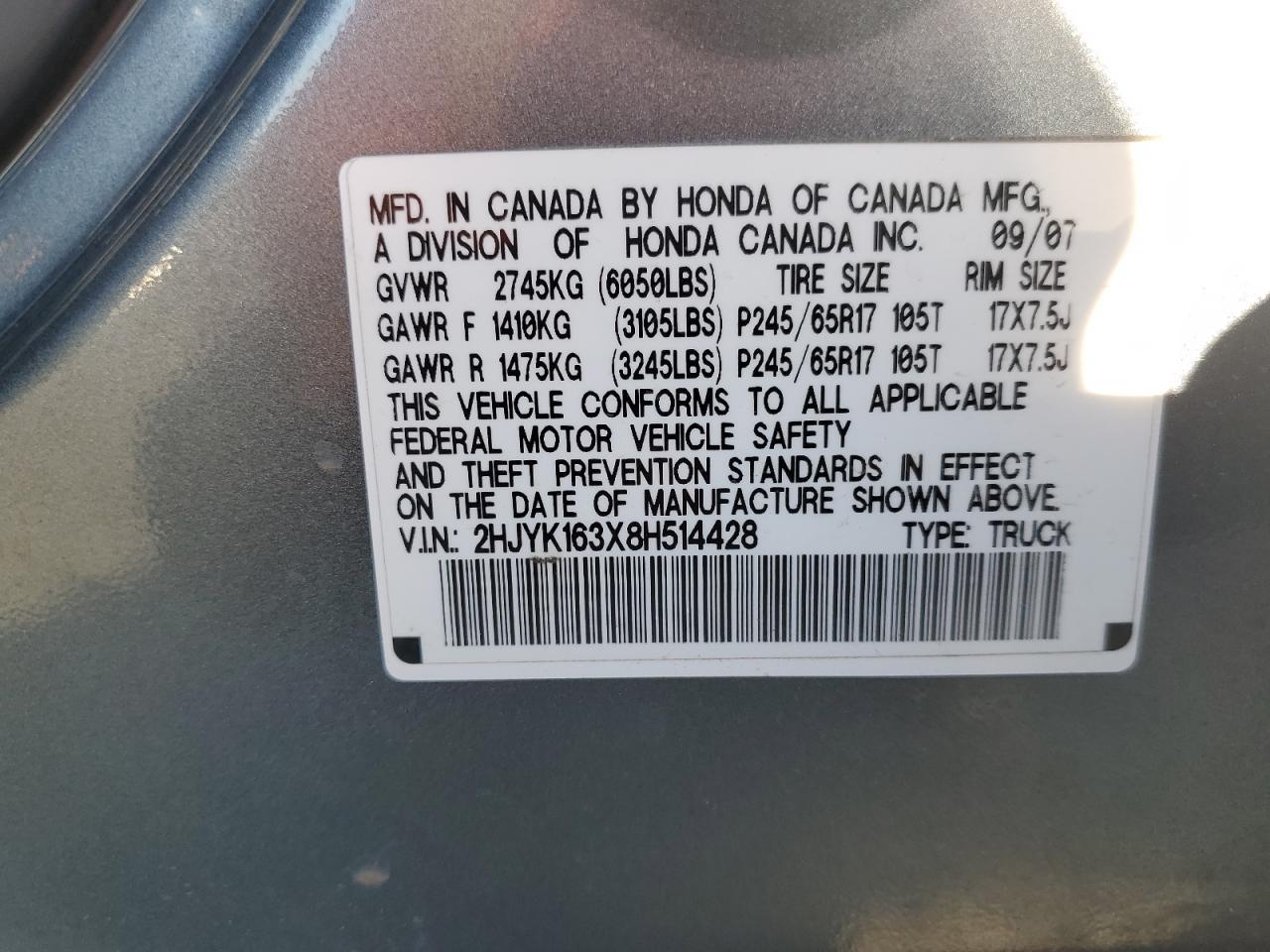 2008 Honda Ridgeline Rtx VIN: 2HJYK163X8H514428 Lot: 86532785